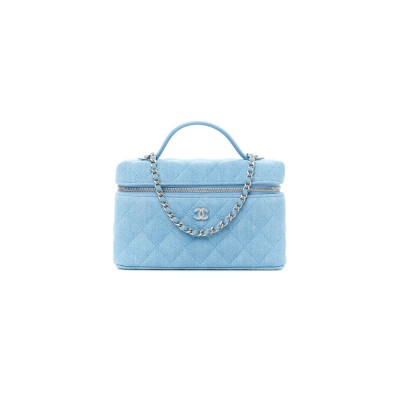 CHANEL DENIM QUILTED TOP HANDLE SLIM VANITY CASE WITH CHAIN BLUE AP4385 (19.5*17*5cm)